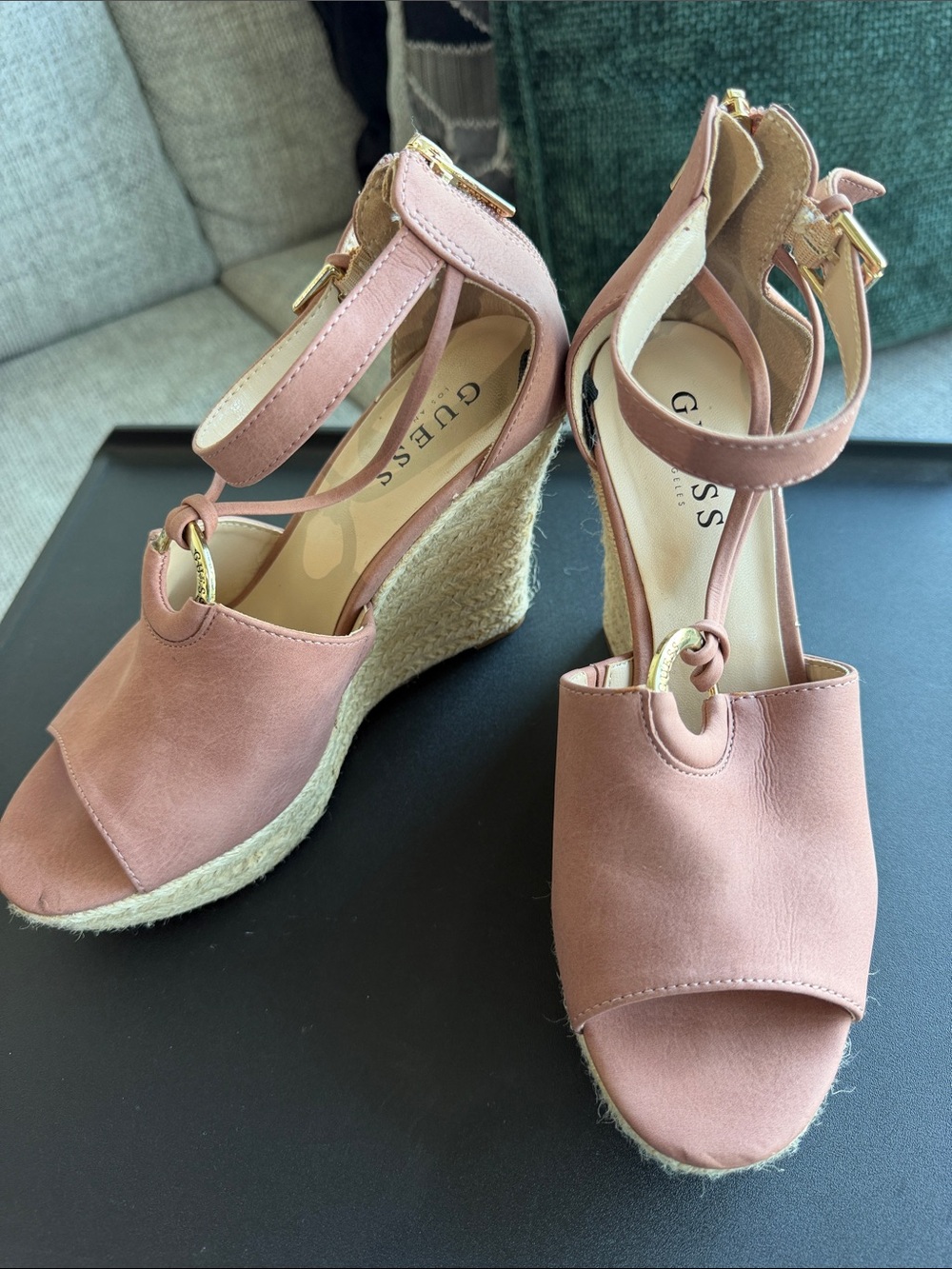 GUESS Pink Espadrille Wedge Sandals with Ankle Strap and Gold Hardware